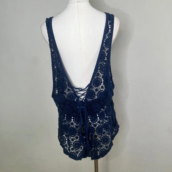 Victorias Secret Navy Blue Crochet Lace Romper Swim Cover Up Large Tassels - Picture 4 of 6